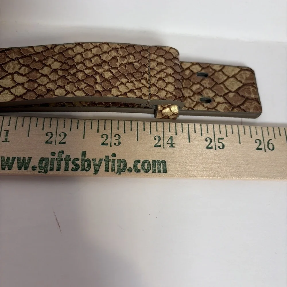 Chico's Snakeskin Pattern Leather Belt Gold Amber Lucite Buckle Adjustable M L
